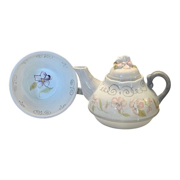 Tracy Porter Georgette TEA FOR ONE Ceramic Cup + Teapot & Lid Pink Gray + Tag - Picture 5 of 10